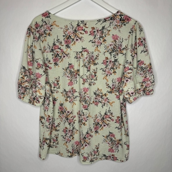 MELLODAY Light Mint Green Floral Print Button Front  Ruffle Sleeve Blouse - Picture 2 of 4